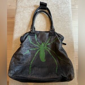 Vintage Tory Burch- Blue Leather Bowling Tote with Hand Painted Green Spider